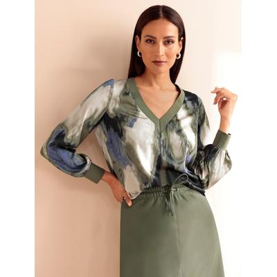 Druckbluse HEINE, Damen, Gr. 38, grün (khaki, sand, bedruckt), 97% Polyester, 3% Elasthan, gemustert, mehrfarbig, Batikmuster, bedruckt, V-Ausschnitt, Langarm, Blusen Image