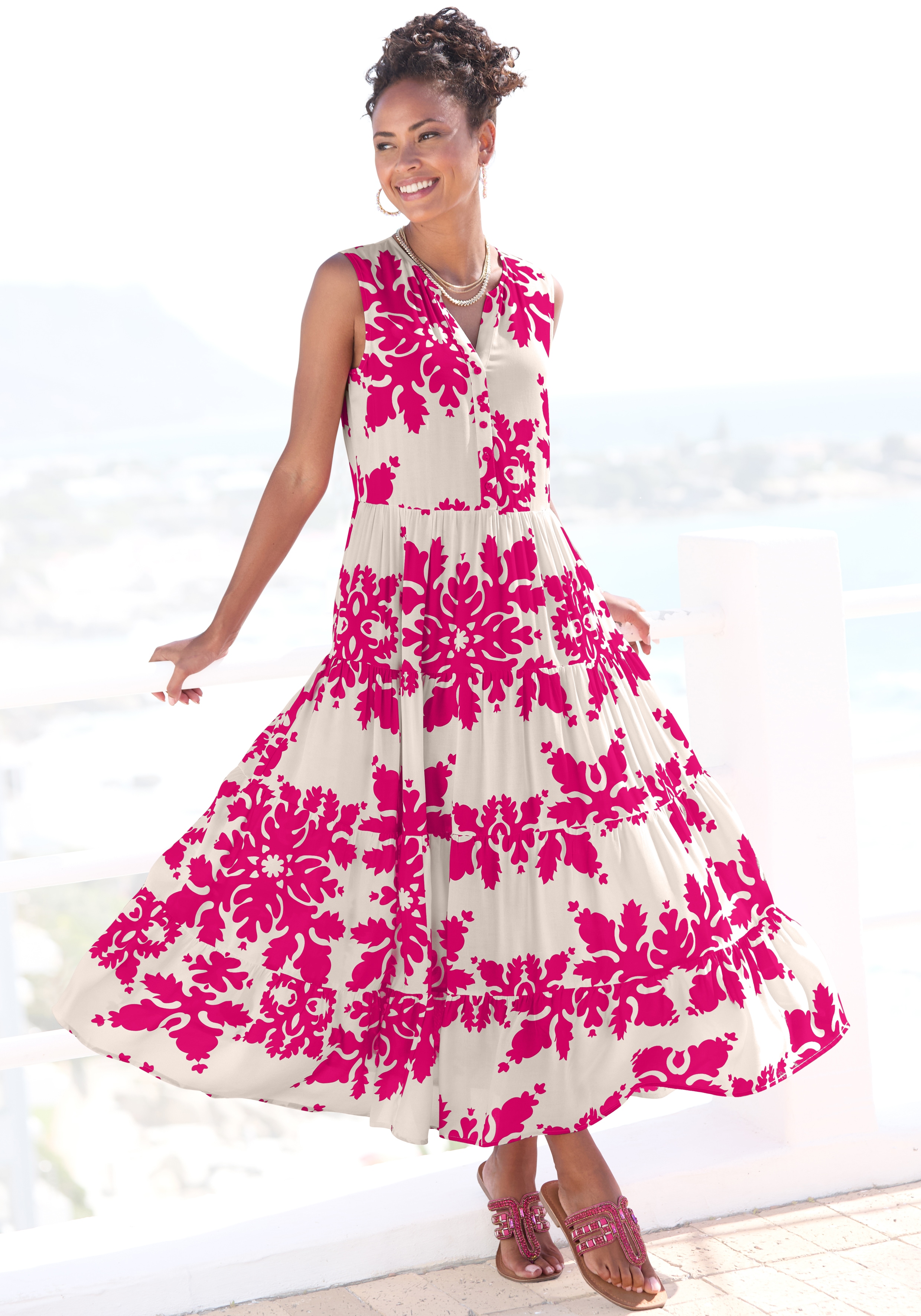 Maxikleid VIVANCE, Damen, Gr. 38, N-Gr, beige (creme, berry bedruckt), Web, Obermaterial: 100% Viskose, bedruckt, figurumspielend knöchelfrei, V-Ausschnitt, Kleider, mit Volants, Sommerkleid Image