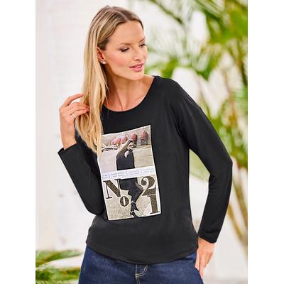 Langarmshirt HEINE "Langarm-Shirt", Damen, Gr. 40, schwarz, 95% Viskose, 5% Elasthan, Satin:3% Elasthan, 97% Polyester, unifarben, gemustert, mehrfarbig, bedruckt, Rundhals, Langarm, Shirts Image
