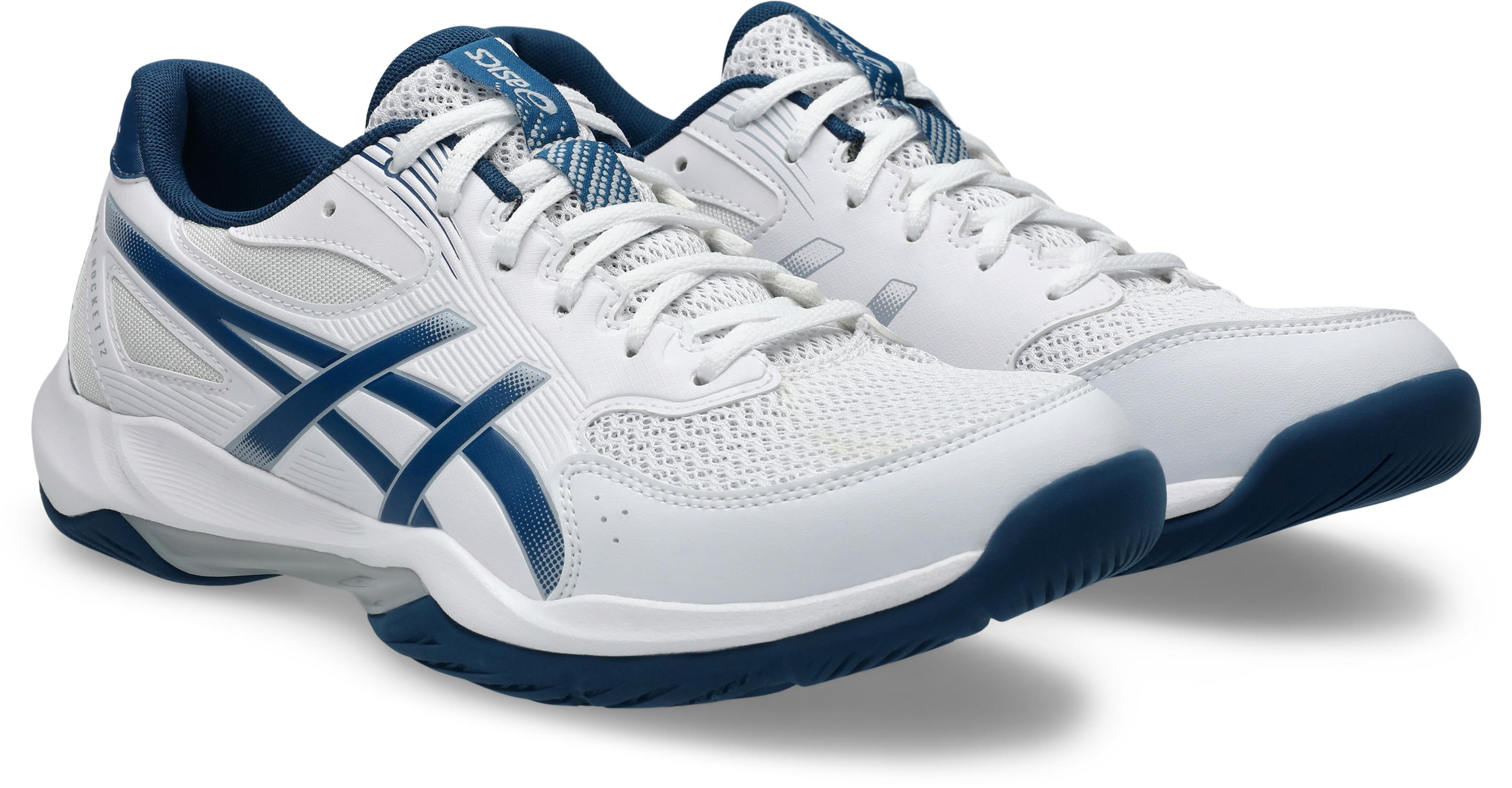 Hallenschuh ASICS "GEL-ROCKET 12", Herren, Gr. 44,5, weiß (weiß, mako blau), Synthetik, Schuhe Hallenschuh