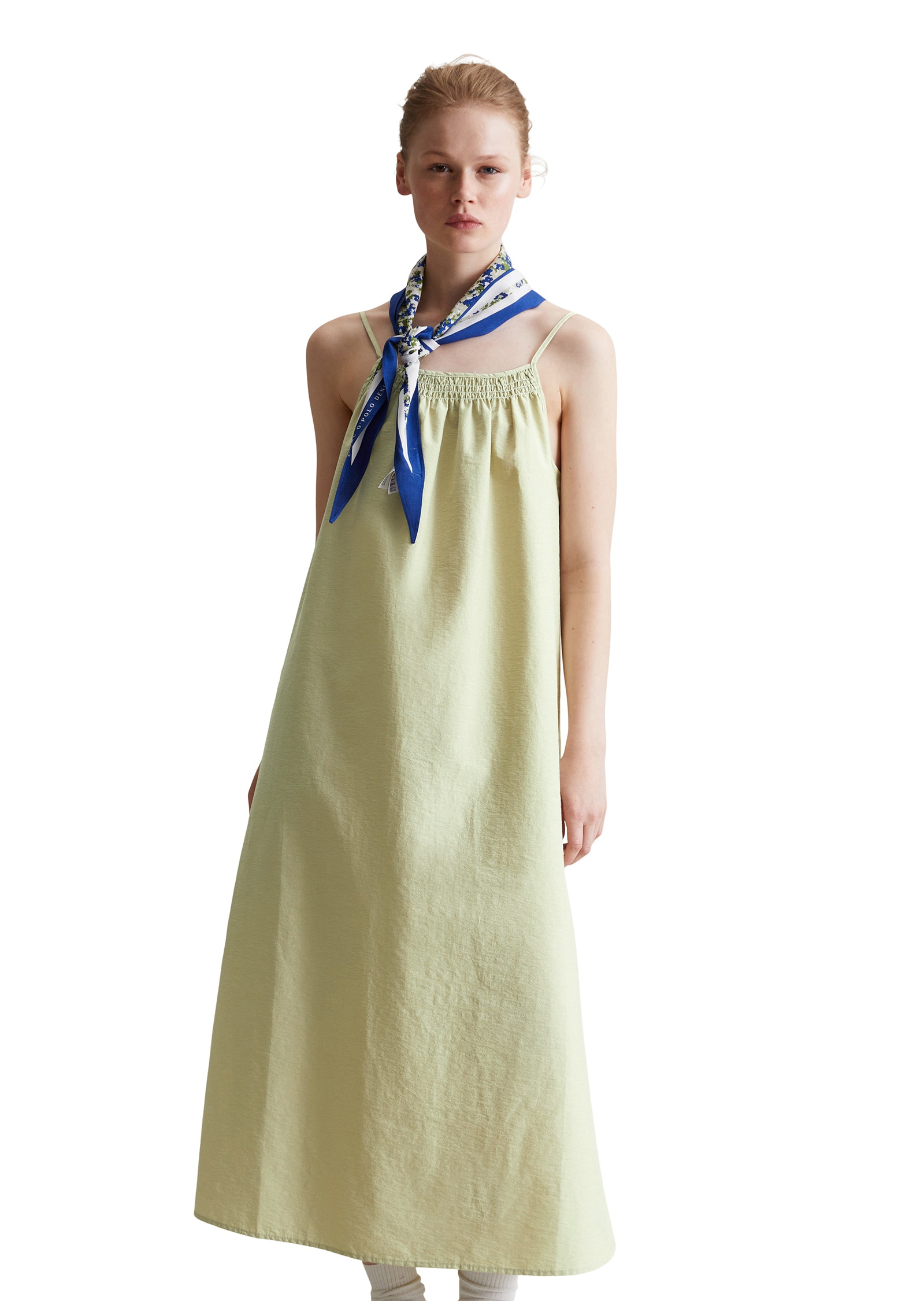 Maxikleid MARC O'POLO DENIM "aus Organic-Cotton-Mix", Damen, Gr. L, Normalgrößen, grün (elm grün), Obermaterial: 80% Baumwolle, 20% Polyamid, unifarben, relaxed fit wadenlang, paspeliert, Kleider Maxikleid