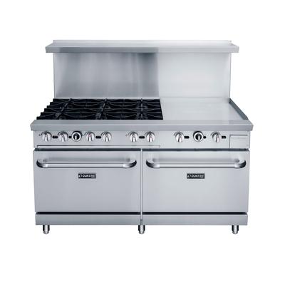 Dukers DCR60-6B24GM 60" 6 Burner Commercial Gas Range w/ Griddle - 2 Standard Ovens, Convertible, Stainless Steel, Gas Type: LP