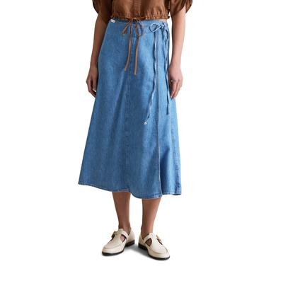 Jeansrock MARC O'POLO DENIM "mit recyeltem Leinen-Garn", Damen, Gr. S, blau (aqua), Obermaterial: 47% Baumwolle, 33% Lyocell, 20% Leinen, unifarben, loose fit wadenlang, Röcke Image