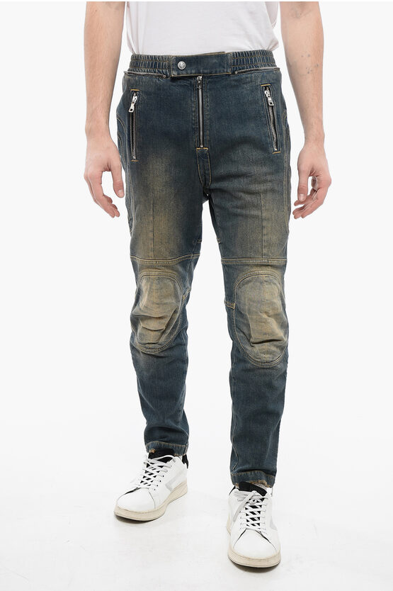 Vintage Washed Biker Denim mit elastischem Bund 15cm in Blau