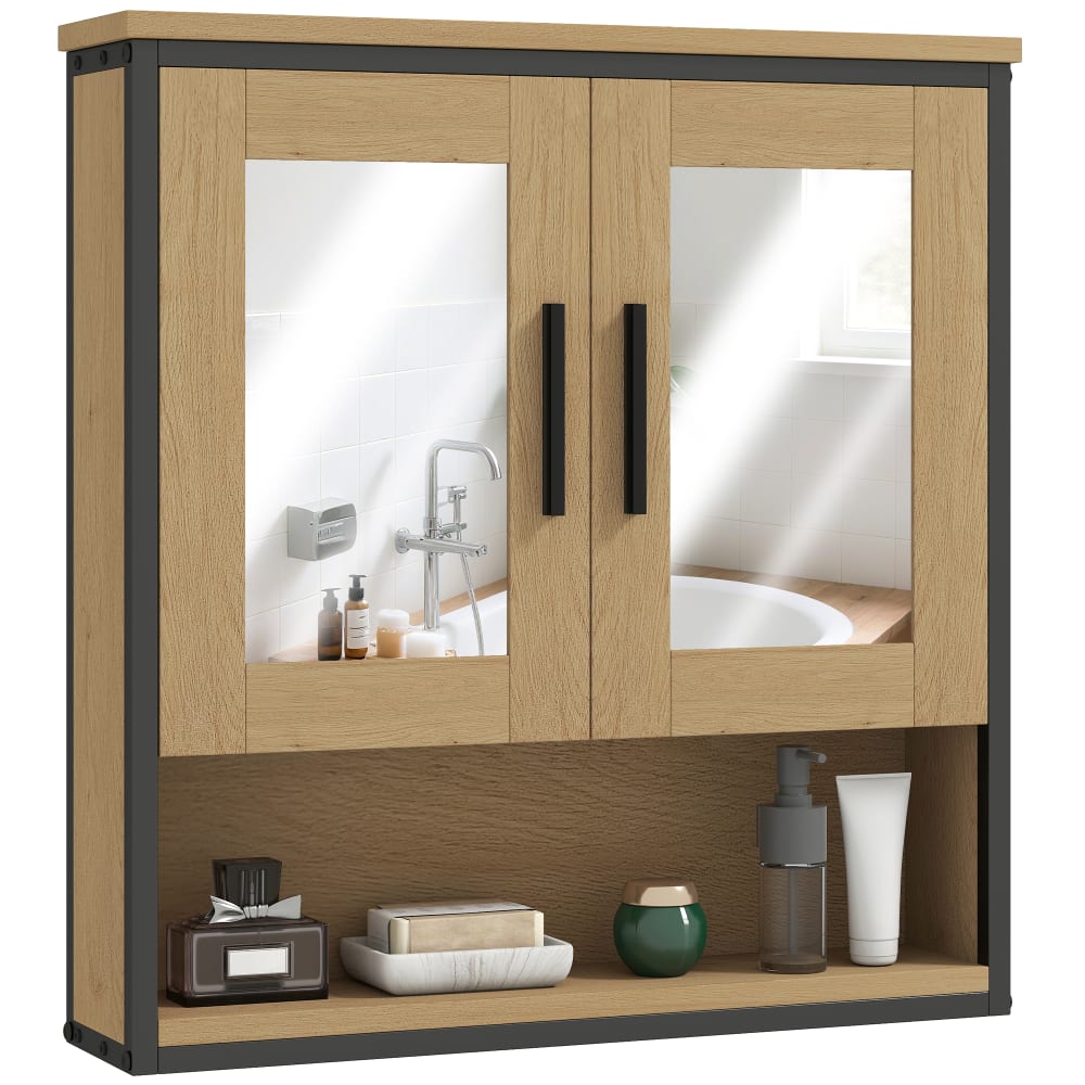Armoire murale salle de bain avec miroir compartiment ouvert chêne