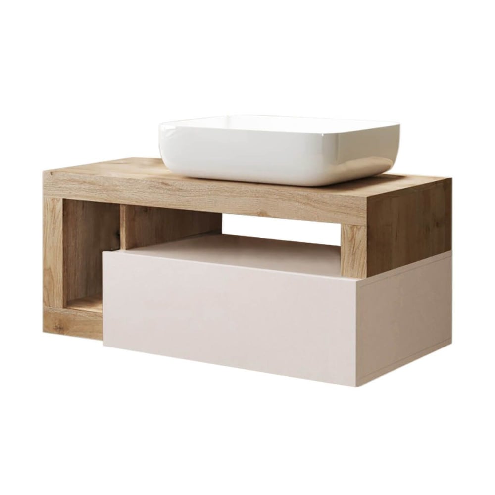 Meuble vasque 92cm suspendu 1 tiroirs beige laqué et aspect bois fini