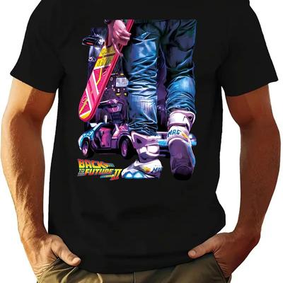 TEMU Men's Skateboard Graphic T-shirt - Black Crew Neck Short Sleeve Tee With Vibrant Movie-, Soft Breathable Fabric, Regular Fit For Casual & Sports Wear Image