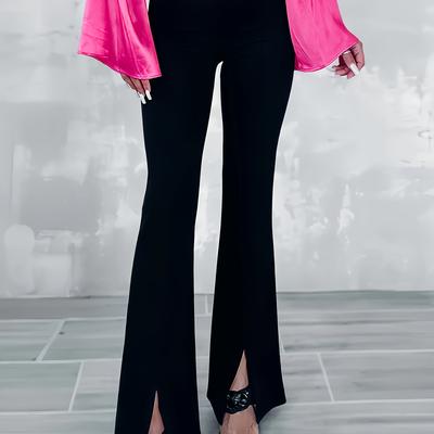 TEMU Women' High-waisted Flare Pants With Front Slit - Stretchy Polyester, Casual & Stylish Bell Bottoms For Spring/summer/fall, Bell Bottoms | Highwaisted Leggings | Glossy Finish Pants Image