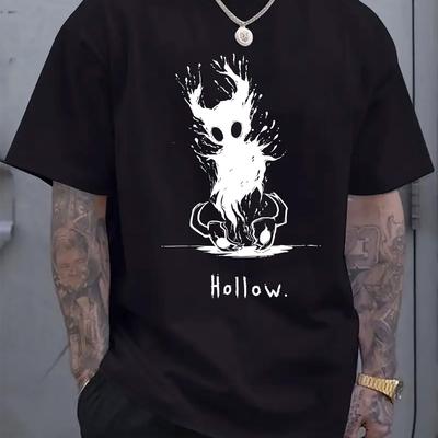 "TEMU Men's Lightweight Graphic Tee - "hollow" Design, Casual Round Neck Short Sleeve T-shirt For Sports, Hiking & Parties, Dark Ink Print, Lightweight Fabric, Summer Wear" Image