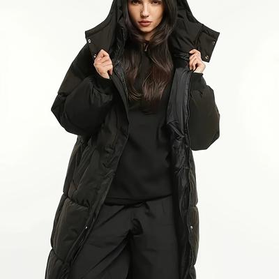 TEMU Classic Hooded Long Puffer Coat Women, Long Ladies Quilted Outerwear Jacket Big Pockets, Winter Warm Basic Long Sleeve Tops Coat Image