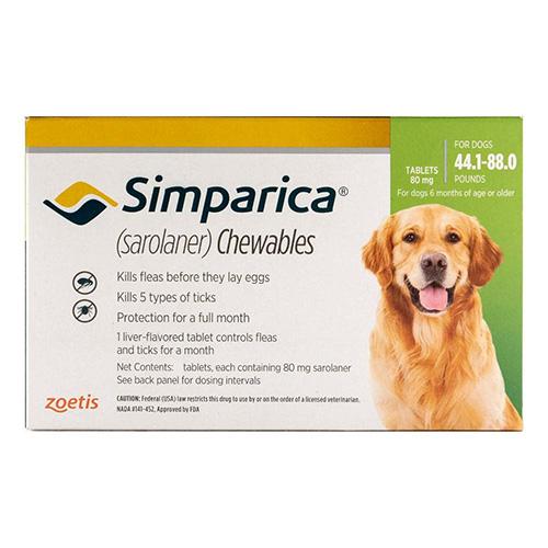 Simparica Puces et Tiques à Croquer pour Chiens 44.1-88 Lbs (Vert) 6 Doses