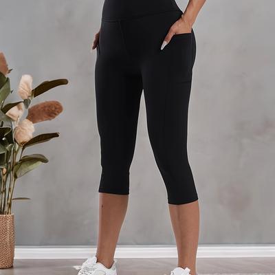 TEMU Women's High-waisted Shaping 7/8 Leggings With Pockets - Medium-stretch Solid Color Workout & Casual Pants For Spring/summer Outdoor Sports & Leisure, Modern Athletic Wear | Functional Design Image