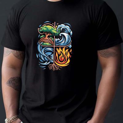 TEMU 1pc Men's Summer Casual T-shirt, Polyester Knit Fabric, Round Neck, Short Sleeve, Regular Fit, With Geometric 4 Print, For Symbols Of Earth, Water, Fire, Tee Image