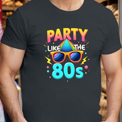 "TEMU Men's Retro 80s Party Graphic T-shirt - "party Like The 80s" Design With Geometric Patterns, Casual Short Sleeve Summer Tee, Polyester Shirt For Adult Men, Vintage Tshirt" Image