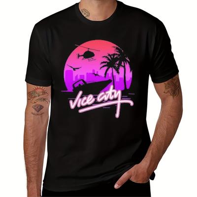 TEMU Men's Graphic T-shirt - Black Retro Palm Tree & Boat Design, 100% Cotton Regular Fit Casual Tee, Machine Washable Vintage Inspired Shirt For Casual Attire, Soft Fabric Tee Image