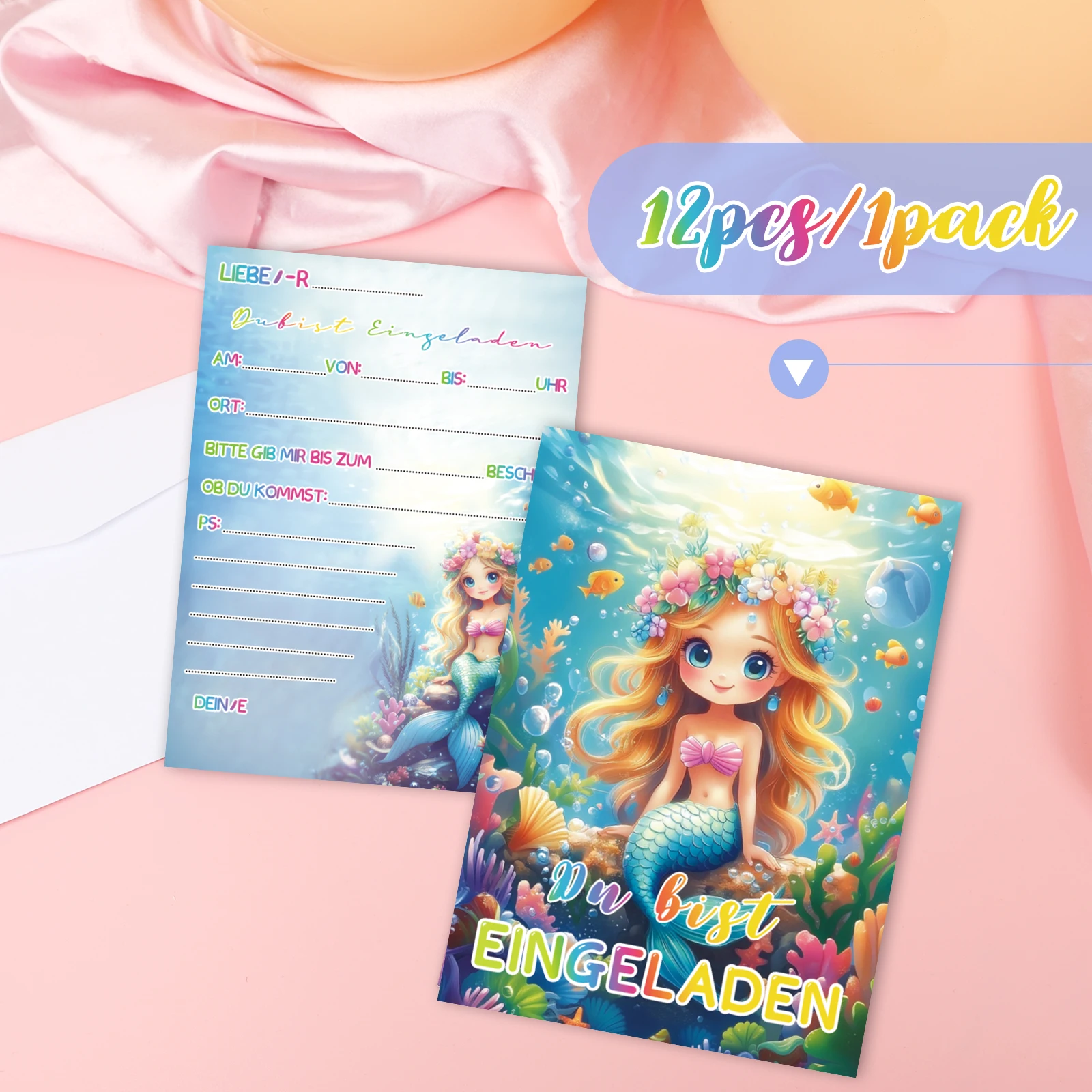 12-teiliges Meerjungfrau-Einladungskarten-Set – Design mit Ozeanmotiv, geeignet für Geburtstagsfeiern und Themenveranstaltungen Image