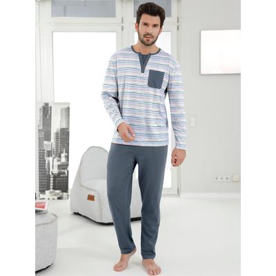 Schlafanzug WÄSCHEPUR, Herren, Gr. 44/46, blau (anthrazit, marine), 100% Baumwolle, Langarm, Homewear-Sets Image