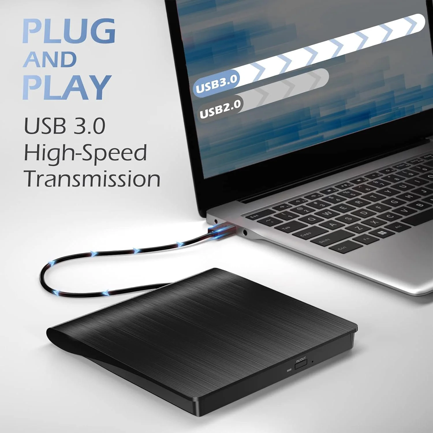 Externes CD/DVD-Laufwerk, USB 3.0 CD-DVD-Player, tragbar, +/-RW-Brenner, CD-ROM-Lesegerät, Schreibgerät, Festplatten-Duplikator für Laptop, Desktop-PC Image