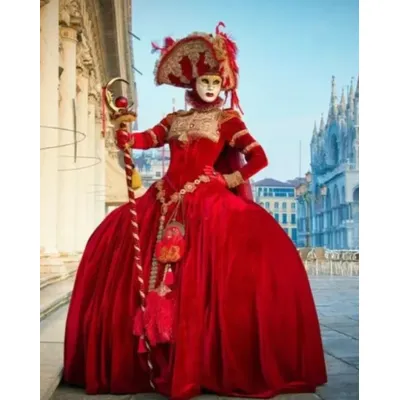 Mittelalterliches Karnevals-Ballkleid aus Venedig, viktorianisches Vintage-Rotkostüm für Damen, Halloween Image