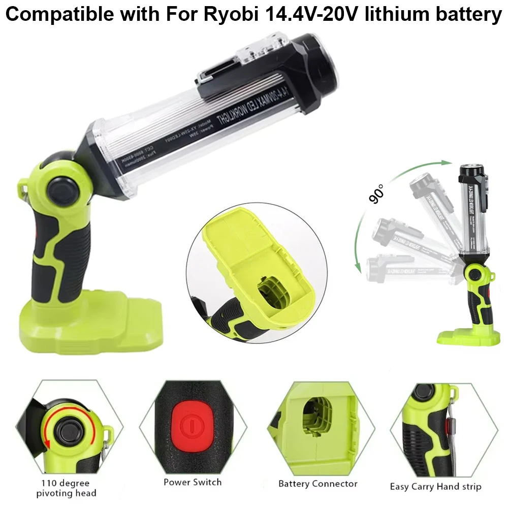 LED-Arbeitsleuchte für Ryobi 18 V ONE + Lithium-Batterie, 2000 lm, Zinklegierung, für den Außenbereich, breite Beleuchtung, Taschenlampe, Autoreparatur, Inspektion