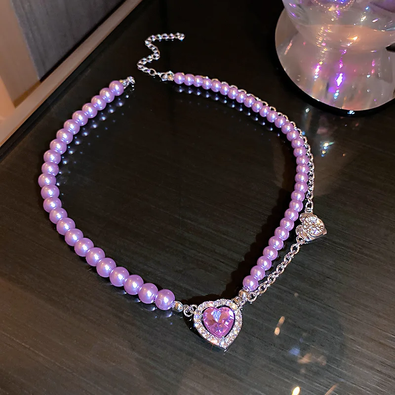 Luxus Amethyst Edelstein Neck Anhänger Halskette 2023 Mode Lila Kristall Liebe Herz Lila Edelstein Raw Stein Perle Neckchain Schlüsselbein Image