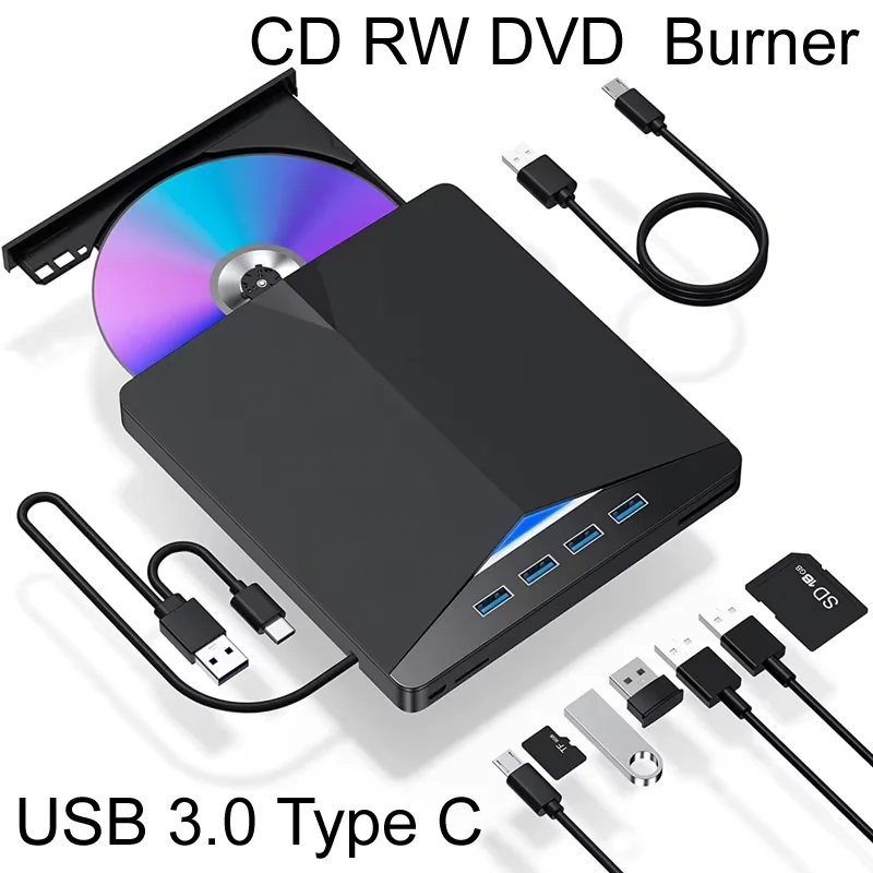 7-in-1 USB 3.0 Typ C Externe CD DVD Optische Laufwerke Ultraschlanker Brenner Recorder Leser Player Tablett Typ für PC Laptop Notebook Image