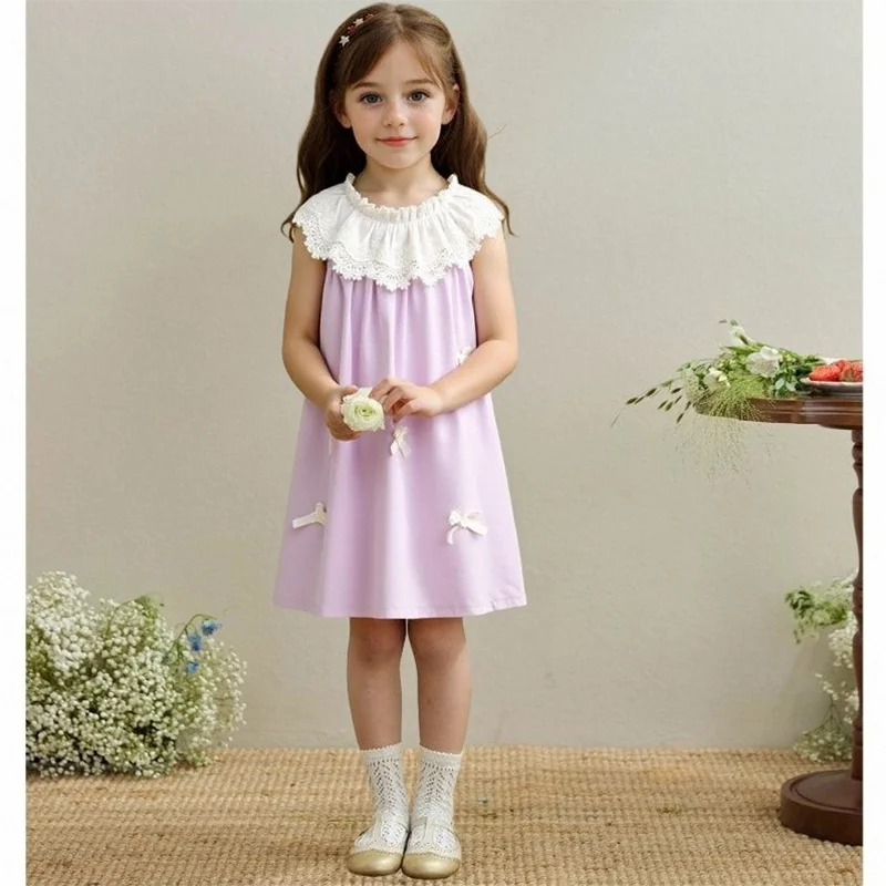 2-6Yrs Sommer Nette Gestickte Schleife Gedruckt Kleid Neue Mädchen Kleid Lila Spitze Kragen Kleinkind Kind Kleidung Rüschen Kragen Kleidung Image