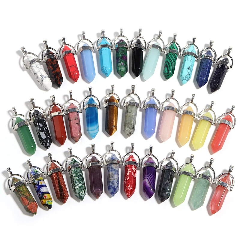 Reiki Guarigione Proiettile Ciondolo Pietra Naturale Corda di Cuoio Ciondolo Proiettile Esagonale Quarzo Pendolo Chakra Perline Per Collana Fai Da Te