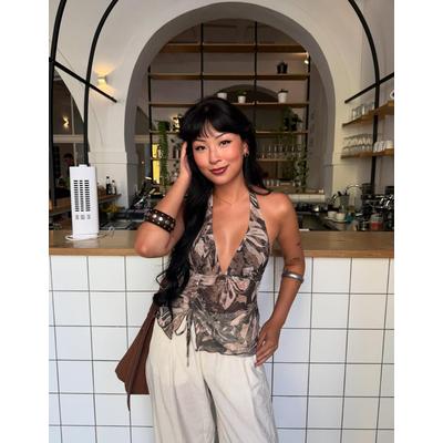 Bershka Printed Tulle Halter Top With Gathering Women L Khaki
