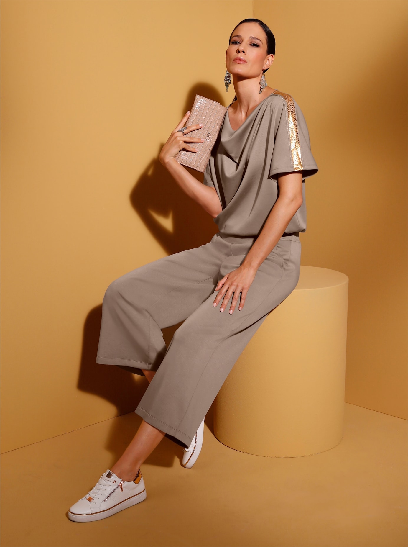 Sweatshirt CREATION L, Damen, Gr. 52, rosa (taupe, bronzefarben, bedruckt), 50% Modal, 44% Polyester, 6% Elasthan, gemustert, unifarben, Wasserfallausschnitt, Sweatshirts Sweatshirt