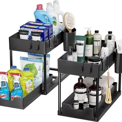 SNQ - Unterspül-Organizer, Küchenaufbewahrung, 2 Ebenen, Schrank-Organizer mit 5 Haken und 1 Image