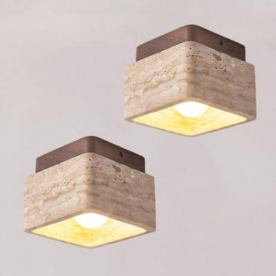 Wottes - E27 Vintage Deckenleuchte Travertin Holz Wohnzimmerlampe Innen Quadrat Schlafzimmerlampe Image