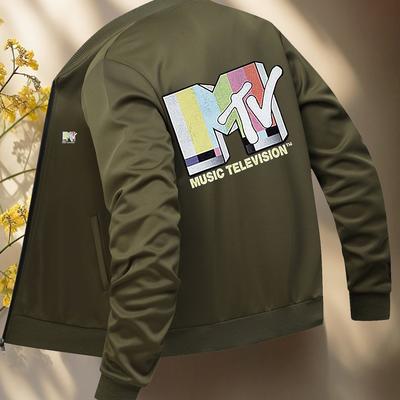 TEMU [casual ] Men's Red Mtv Jacket - Stand Collar, Zip-up With Pockets, Polyester , Outerwear, Jacket | Graphic Jacket | Elastane Image