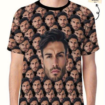 TEMU Customized Men's T-shirt With Personalized Facial - Round Neck Short Sleeve Casual Summer Tee For Daily Commuting, Weekend & Sports - Machine Washable Regular Fit - Ideal Gift For Him, Shirt Image