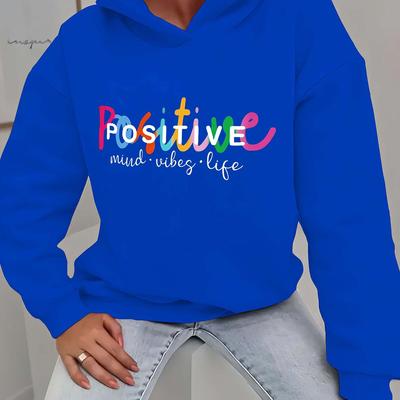 TEMU Women's Positive Vibes Life Letter Print Hoodie - 100% Polyester Knit Fabric, Casual Long Sleeve Hooded Sweatshirt, Geometric Alphabet & Floral Animal Pattern, Fall/winter Collection, 250gsm Image