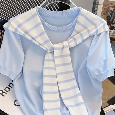 TEMU Stylish Short Sleeve Striped Shawl Dress Image