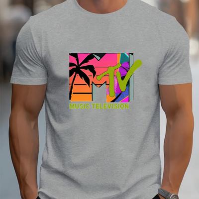 "TEMU Men's "m" Graphic T-shirt - Vibrant Orange Retro Mtv Logo & Palm , Regular Fit Breathable Fabric, Machine Washable Casual Tee For Spring & Music Festival Wear" Image
