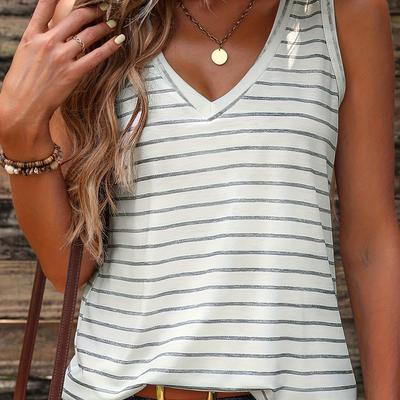 TEMU Women's Casual Striped V-neck Sleeveless Top - Loose Fit, Light , , Everyday Top|striped Top| Top Image