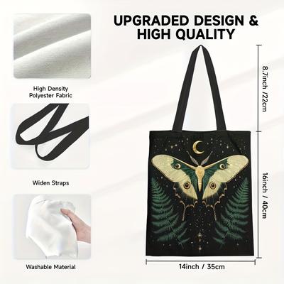 TEMU 1pc Green Moth Tote Bag – Unique With Starry Night & Forest Print, Stylish Polyester Shoulder Bag For Women, Perfect Thoughtful Gift For , Gift For Women | Print | Unlined Interior Image