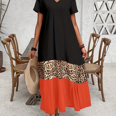 TEMU Women's Casual Long-sleeve T-shirt Dress With Color - Black, Beige, And Red, Leopard Print Detail, V-neck, Wear, Casual Attire| Dress|short Sleeve Dress Image