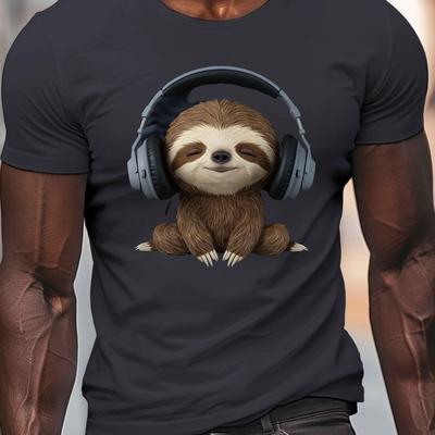 TEMU Men's Sloth With Headphones Graphic Tee - Casual Crew Neck Short Sleeve T-shirt, Lightweight & Comfy For Summer Image
