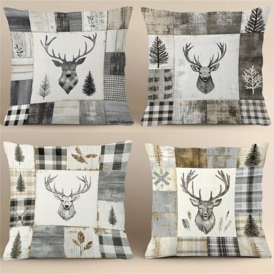 TEMU 4-pack Vintage Deer Print Throw Pillow Covers, 100% Polyester, Machine Washable, Double-sided, Zippered, Woven Decorative Cushion Cases For Home Decor - Fits Room Types Image