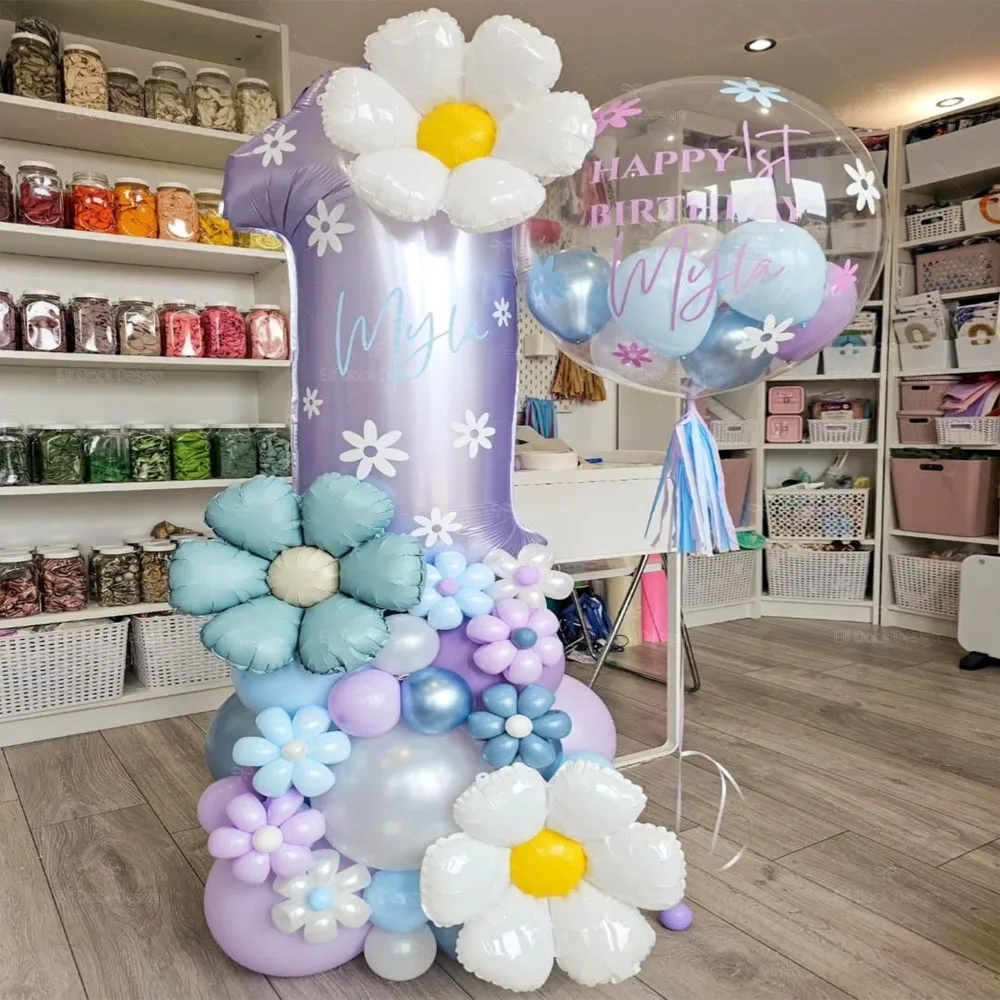 1set Weiß Blau Gänseblümchen Blumen Thema Folienballon Lila Anzahl Ballon Kindergeburtstag Party Hochzeitstag Dekorationen Image