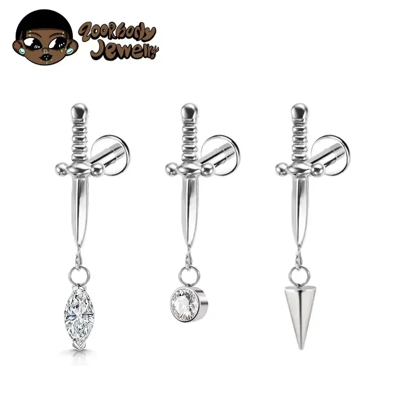 ASTM F136 Titan Gothic Marquise Dangle Tiny Flat Back Labret Schwert Stud Punk Rock Ohrring Knorpel Helix Tragus Piercing Image