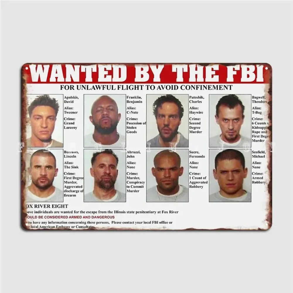 BarMovieArt Prison Break FBI-Metallschild – Wanted Poster-Blechschild mit ikonischen Inmate Mugshots und FBI-Logos, atemberaubendes Dekor Image