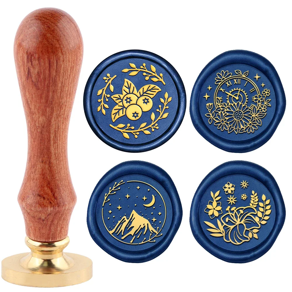Pipa Clock Berglandschaft Lilie Muster Wachssiegelstempel, abnehmbarer Wachssiegelstempelkopf 25 mm für Einladungsnotizbuch Image