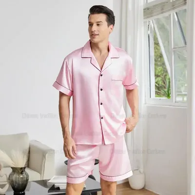 Männer Rosa Kurzarm Shirt Kurze Sommer Neue Fleck Loungewear Mann Nachtwäsche Pijamas De Hombre Lose 2Pcs Pijamas Anzug Outfit Image