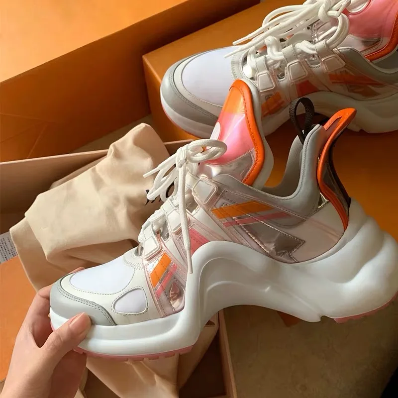 Neue Heiße Verkauf Plattform Turnschuhe Frauen Leder Flache Schuhe Frauen Chunky Turnschuhe Luxus Marke Gelee Orange Casual Schuhe Frauen