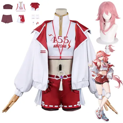 Spiel Yae Miko Cosplay Kostüm Grand Narukami Schrein Hexe Weiß Sport Uniform Mantel Rock Perücke Image