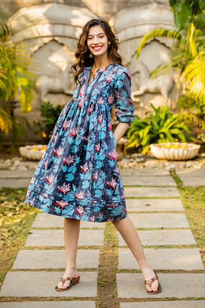 Waterlily,'Floral Printed Blue-Toned Knee-Length Cotton Shirt Dress'